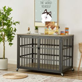 Furniture style dog crate wrought iron frame door with side openings, Grey, Rustic Brown 43.3''W x 29.9''D x 33.5''H. (Color: brown)