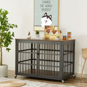 Furniture style dog crate wrought iron frame door with side openings, Grey, Rustic Brown 43.3''W x 29.9''D x 33.5''H. (Color: Charcoal Grey)