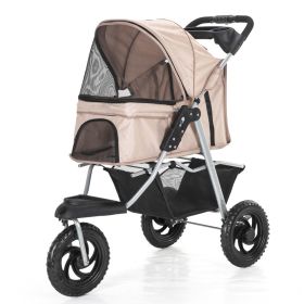 Three Wheel Folding Pet Stroller, Dog Jogger Travel Cats Carrier Adjustable Canopy Storage Brake Mesh Window (Color: beige)